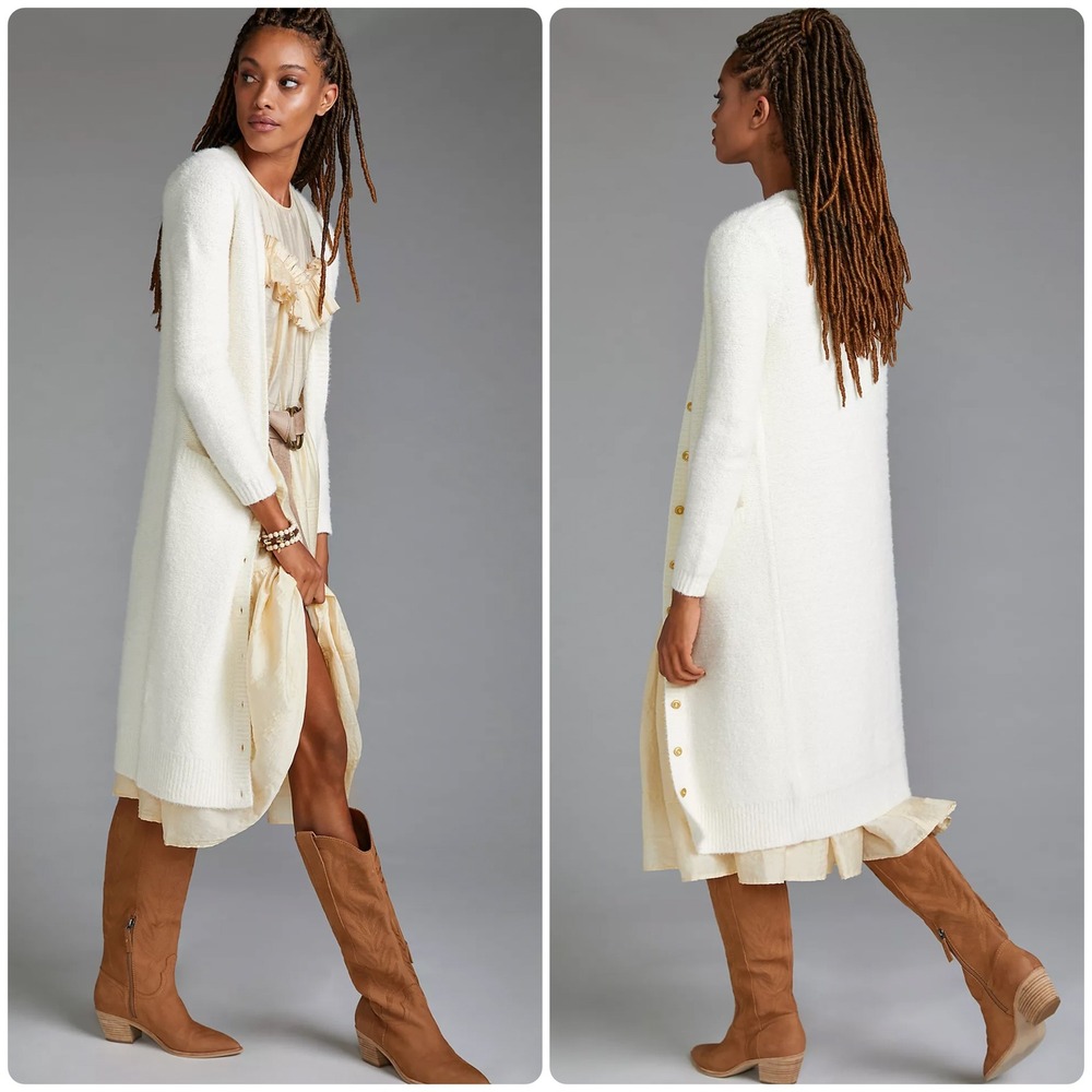 Pilcro Anthropologie Womens Ivory Textured Knit Boho Classic Longline Cardigan S